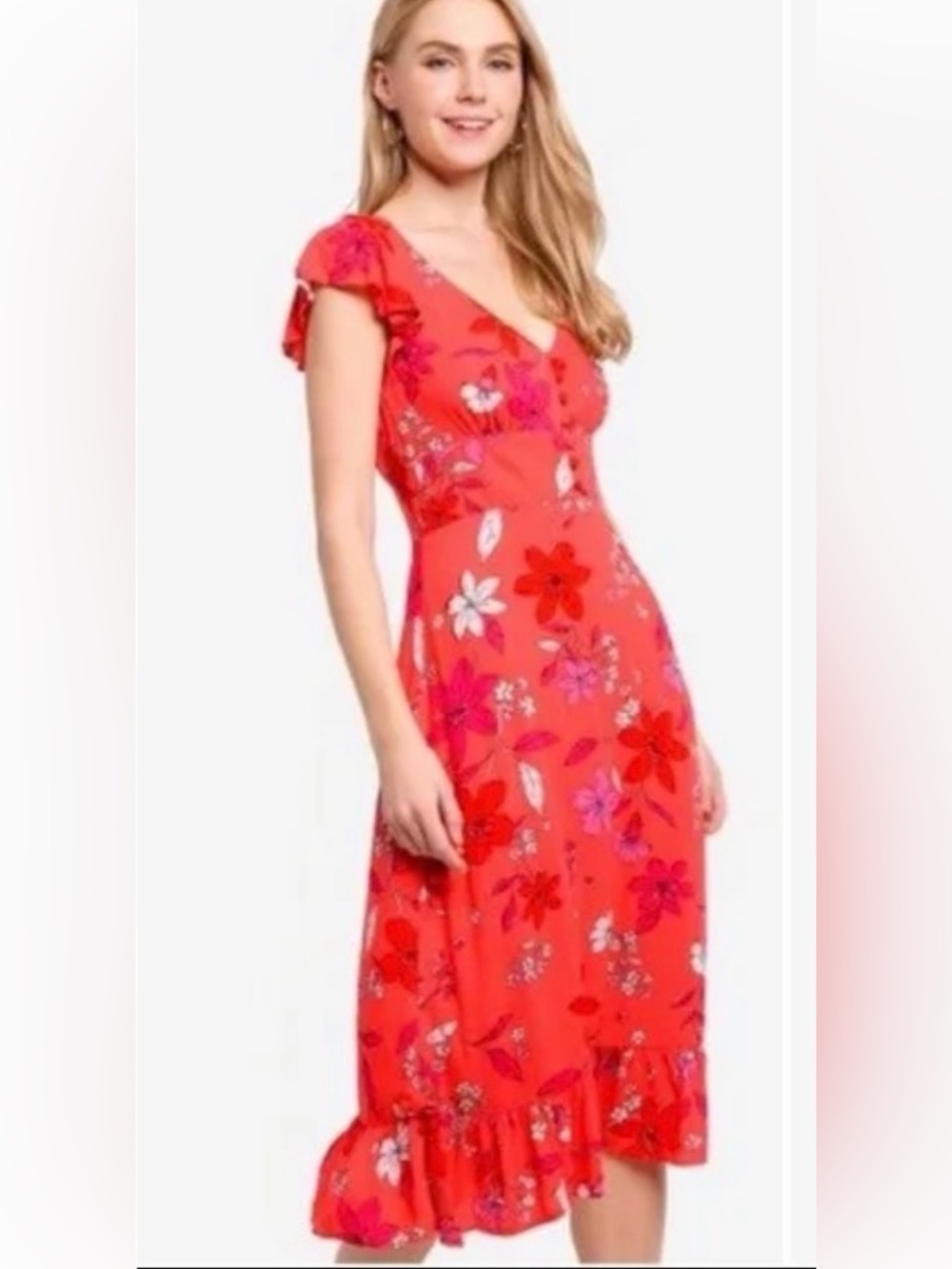 Banana Republic Coral Floral Ecovero Midi Dress Flutter Sleeves 4